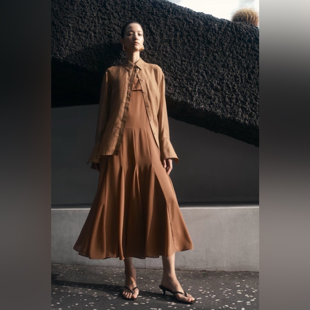 H&M ELEGANT BROWN MIDI DRESS‎ IN CRÉPE CHIFFON NWT SZ XS